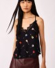 Guitar-print vest top with lace-look inserts on